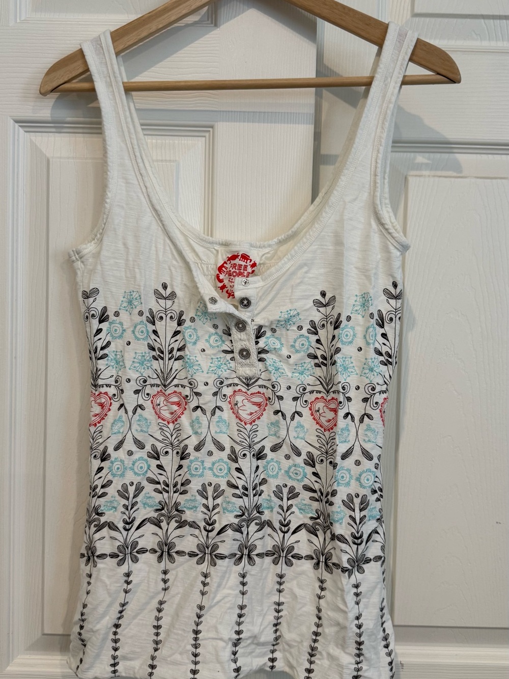 Vintage Early 1990’s Free People White Tank Top with Floral Heart Print